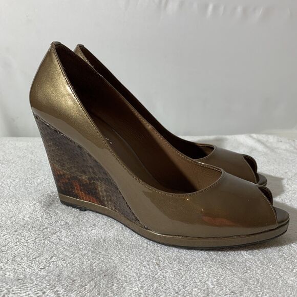 Donald J Pliner Habiki Peep Toe Wedges Snake Print Gold Women’s 9.5 Bronze - Picture 1 of 9